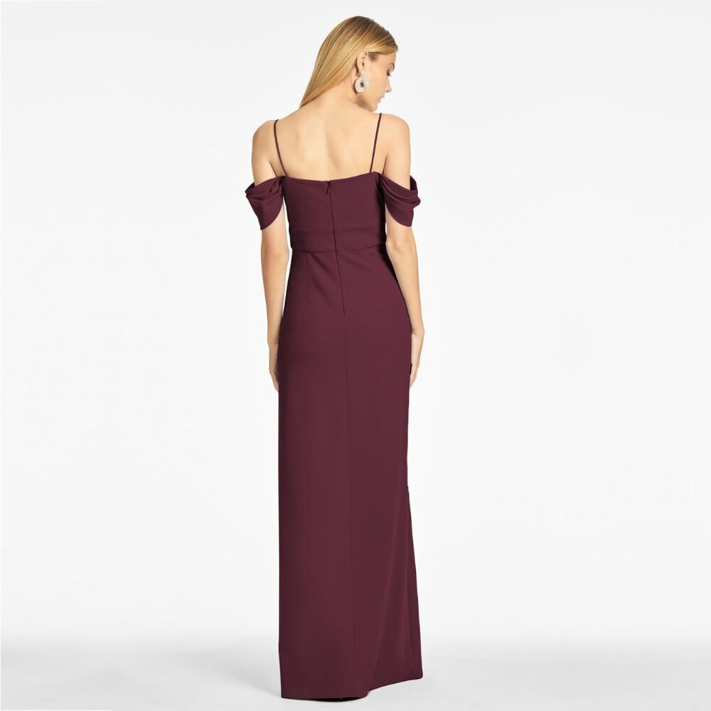 NWT SACHIN + BABI Brittany Gown in Deep Wine Off-Shoulder Crepe Maroon Merlot 18 - Picture 4 of 9